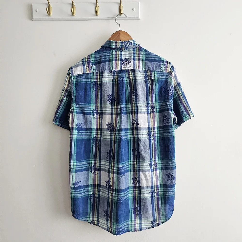VTG Ralph Lauren Plaid Palms Short Sleeve Button Down Shirt Blue Green Youth XL